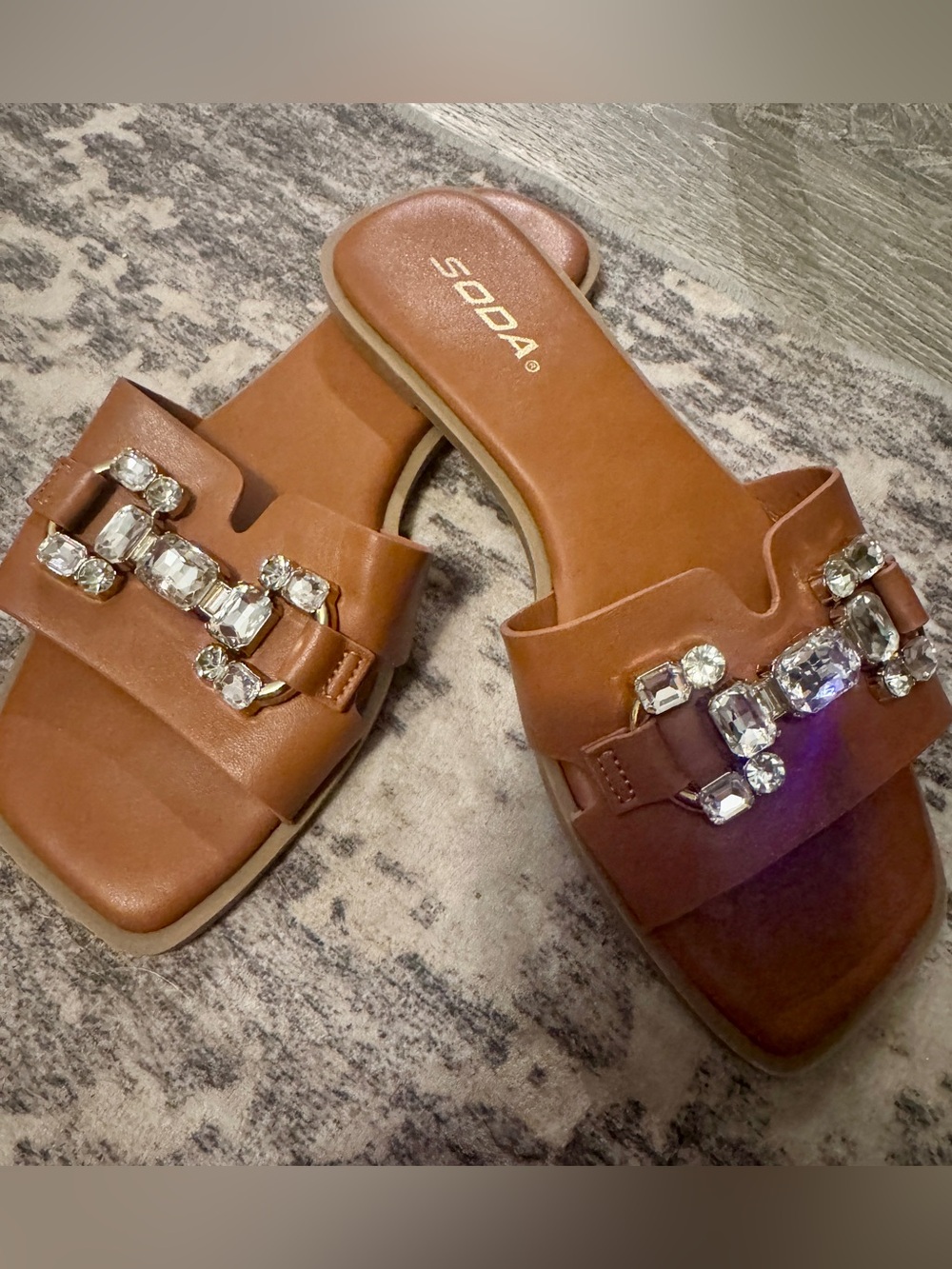 Soda Tan Slide Sandals with Crystal embellishments